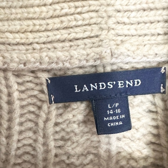 LandsEnd tan cable knit thick heavy cardigan modest winter fisherman Size LP - Picture 2 of 6